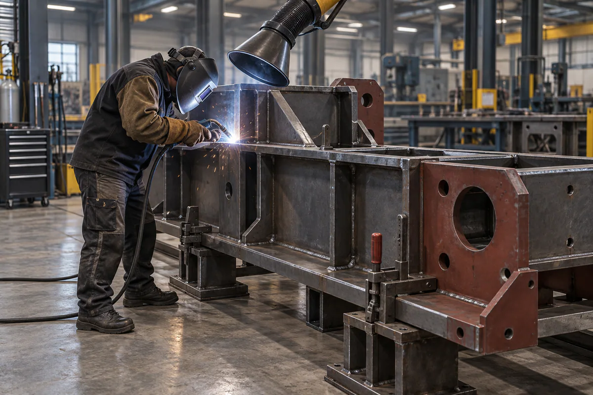 Representative visualization of safe heavy-steel fabrication in a professional workshop