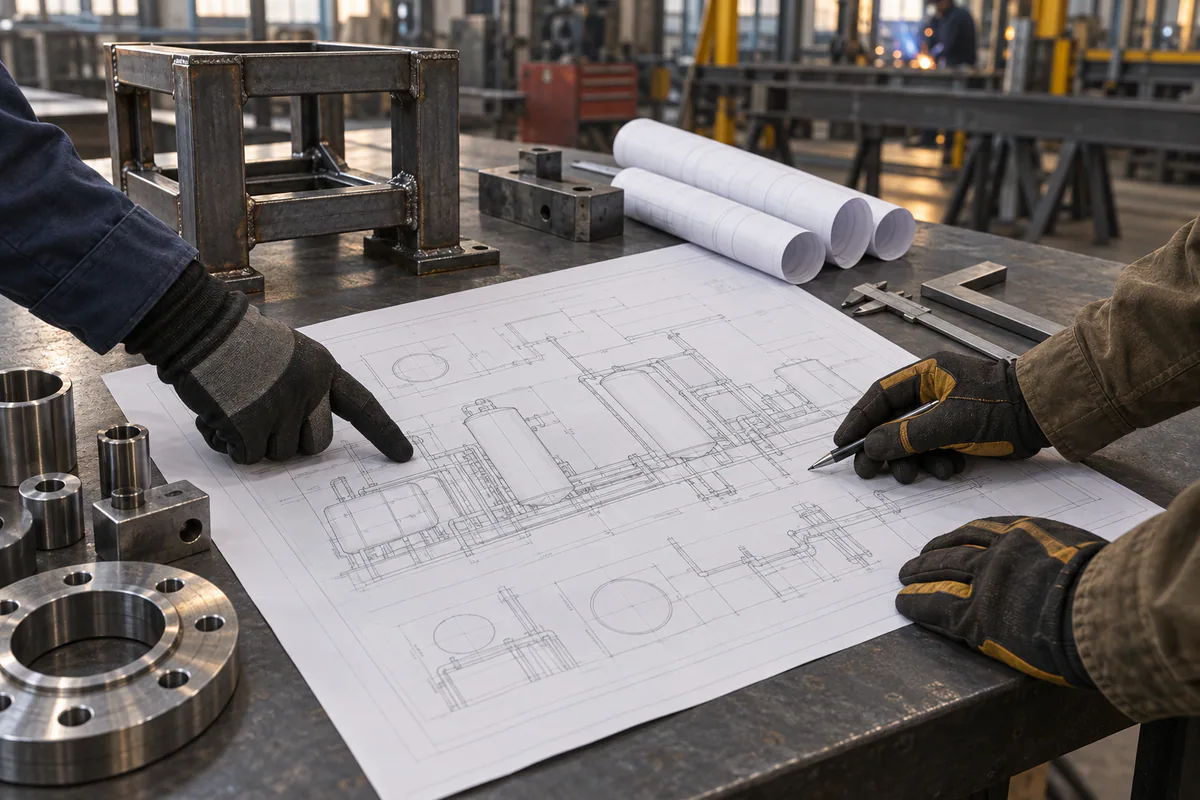 Representative visualization of engineers reviewing a fabrication project layout