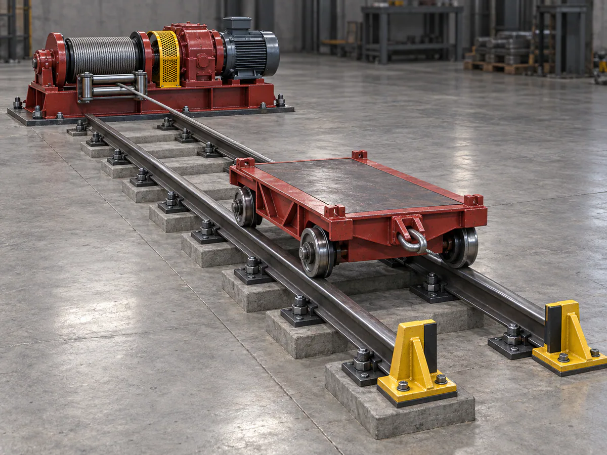 Representative visualization of an industrial rail trolley and winch system